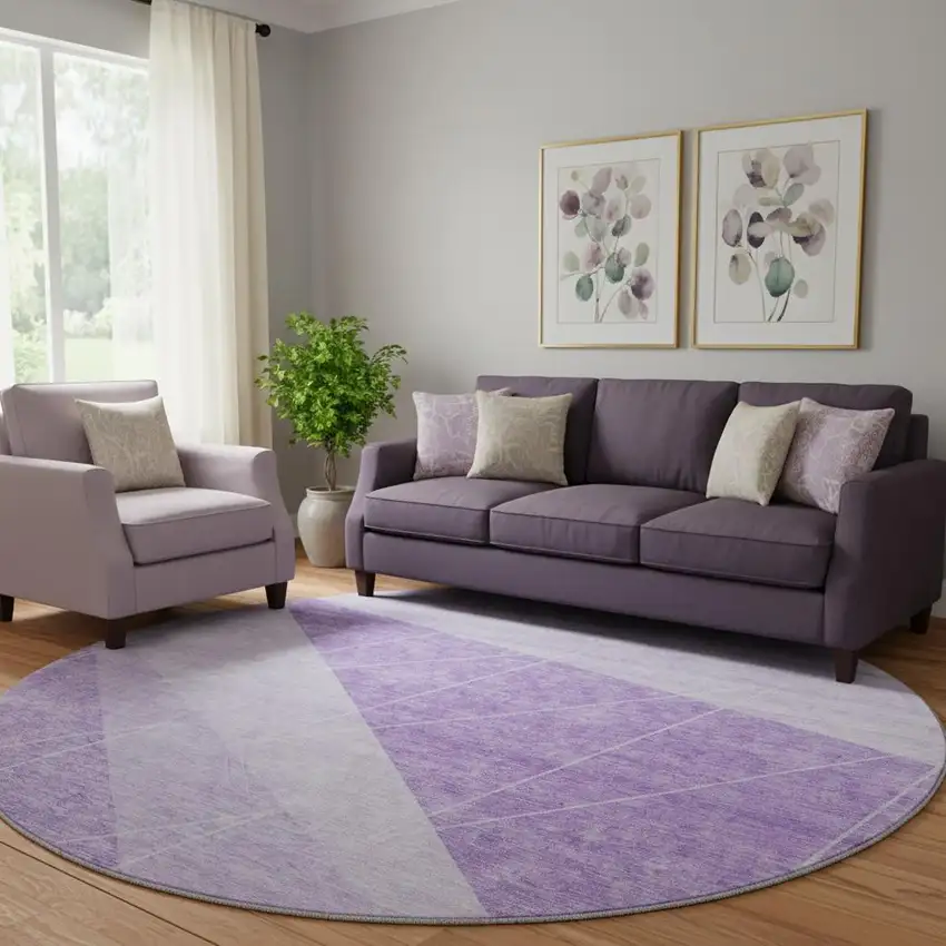 8' Lavender And Ivory Geometric Washable Round Rug With UV Protection Photo 1