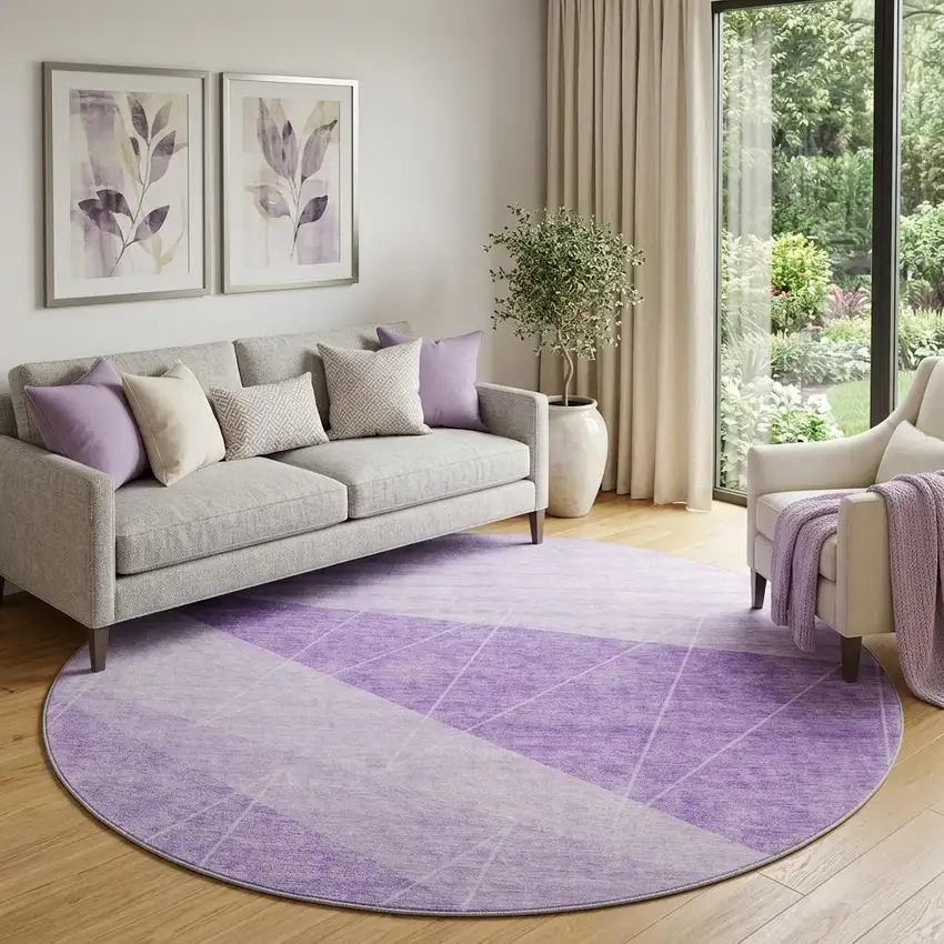 8' Lavender And Ivory Geometric Washable Round Rug With UV Protection Photo 1