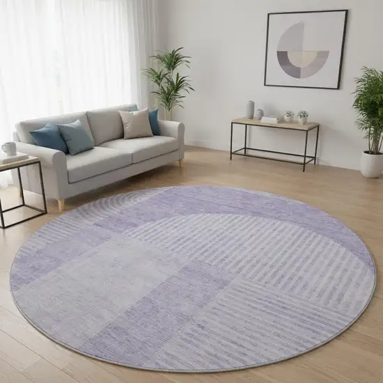 8' Lavender And Ivory Geometric Washable Round Rug With UV Protection Photo 2