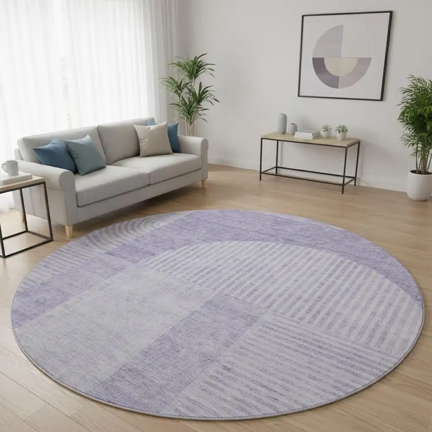 8' Lavender And Ivory Geometric Washable Round Rug With UV Protection Photo 2