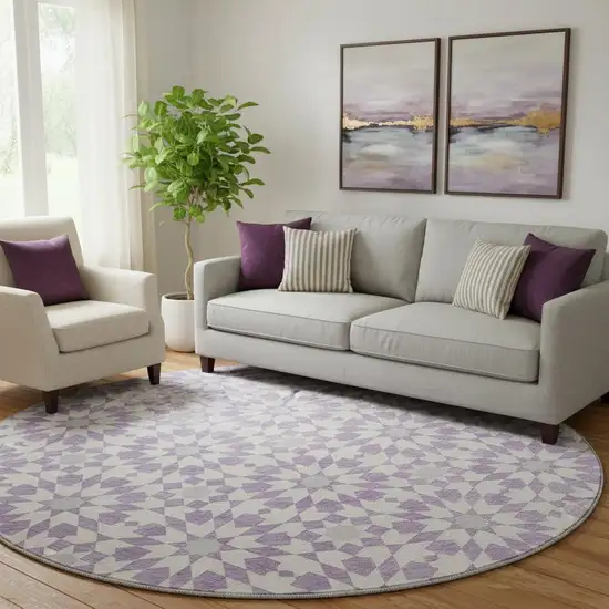 8' Lavender And Ivory Geometric Washable Round Rug With UV Protection Photo 1