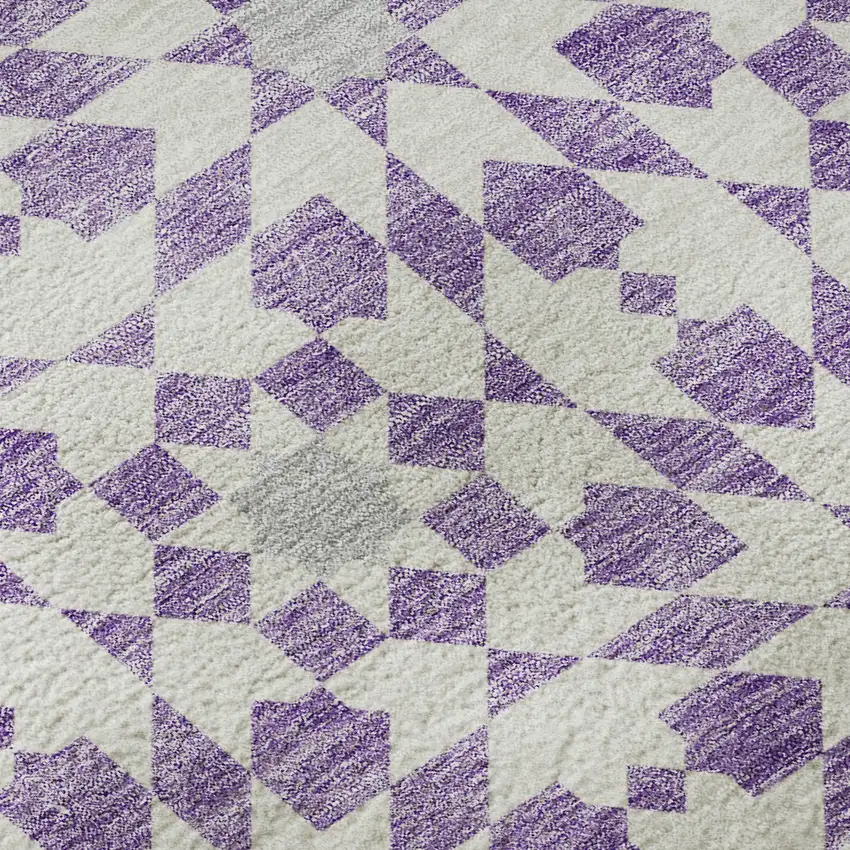 8' Lavender And Ivory Geometric Washable Round Rug With UV Protection Photo 9