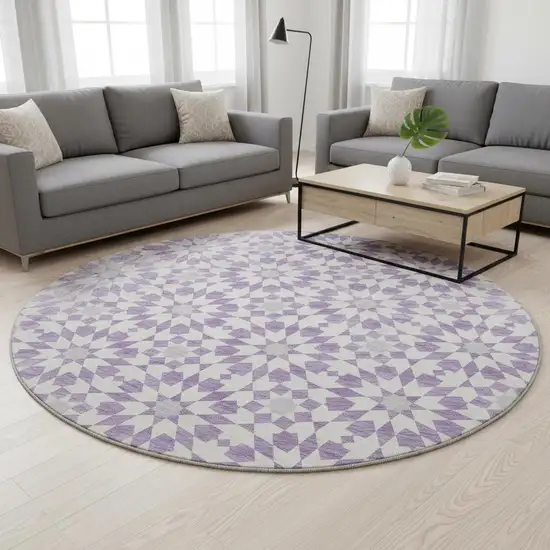 8' Lavender And Ivory Geometric Washable Round Rug With UV Protection Photo 2
