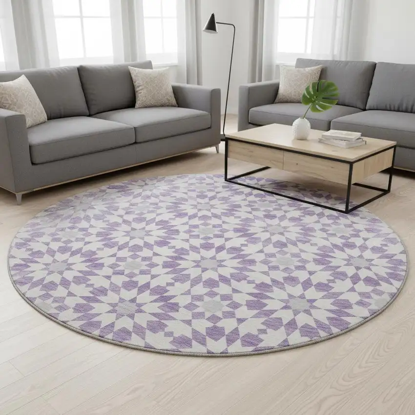 8' Lavender And Ivory Geometric Washable Round Rug With UV Protection Photo 2