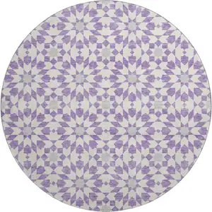 Photo of 8' Lavender And Ivory Geometric Washable Round Rug With UV Protection