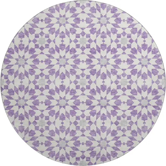 8' Lavender And Ivory Geometric Washable Round Rug With UV Protection Photo 1