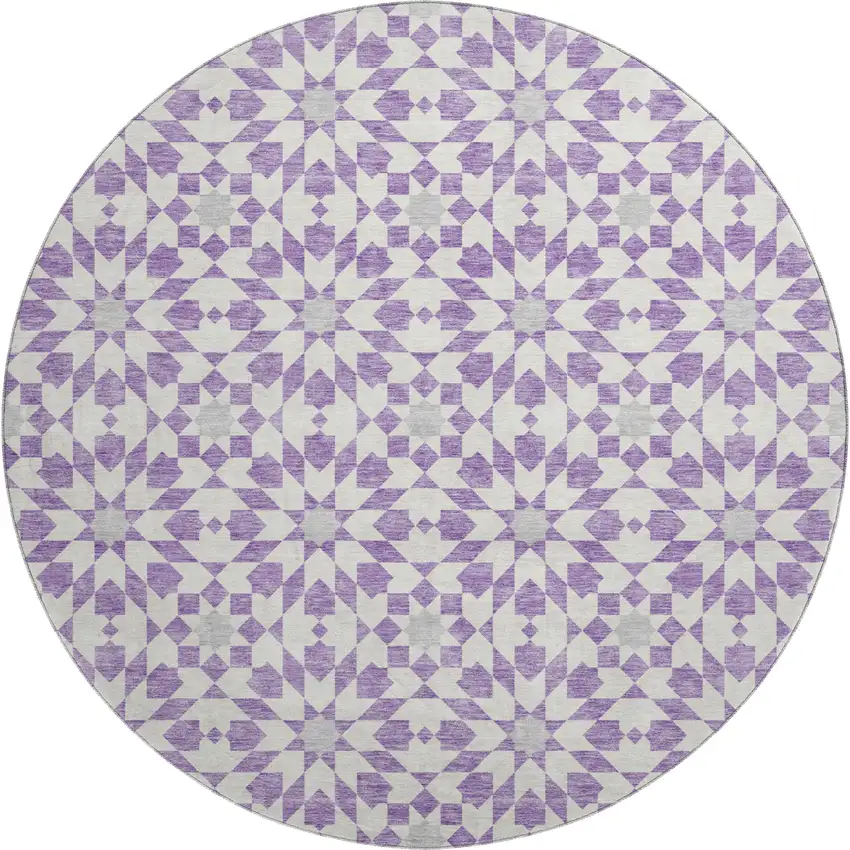 8' Lavender And Ivory Geometric Washable Round Rug With UV Protection Photo 1