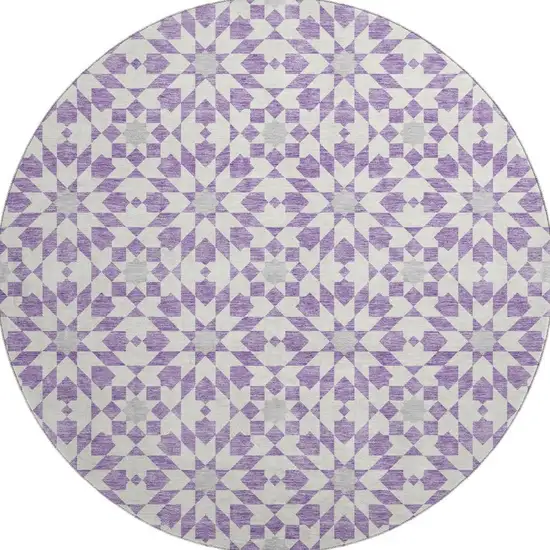 8' Lavender And Ivory Geometric Washable Round Rug With UV Protection Photo 3