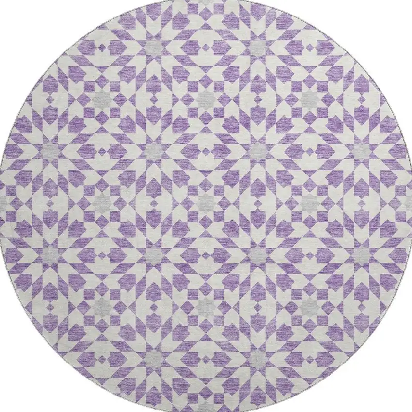 8' Lavender And Ivory Geometric Washable Round Rug With UV Protection Photo 3