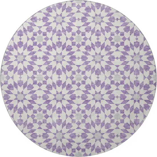 8' Lavender And Ivory Geometric Washable Round Rug With UV Protection Photo 4