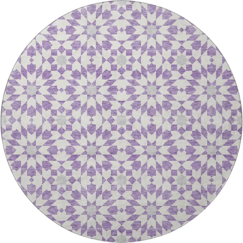8' Lavender And Ivory Geometric Washable Round Rug With UV Protection Photo 4