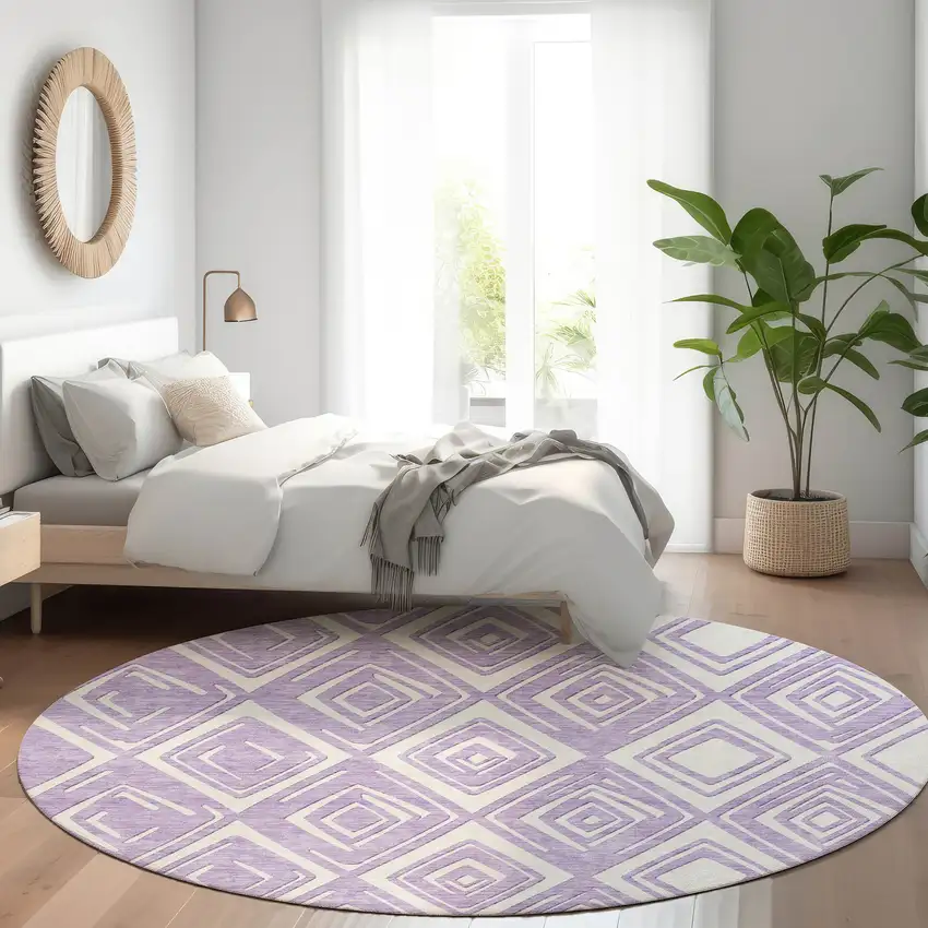 8' Lavender And Ivory Geometric Washable Round Rug With UV Protection Photo 6