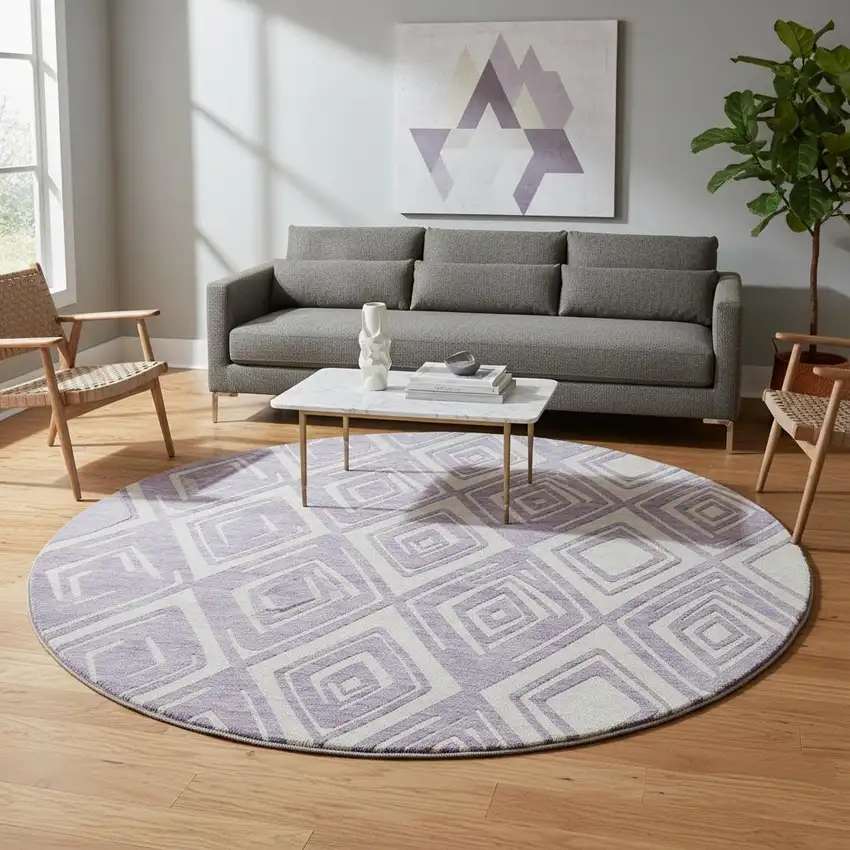 8' Lavender And Ivory Geometric Washable Round Rug With UV Protection Photo 1
