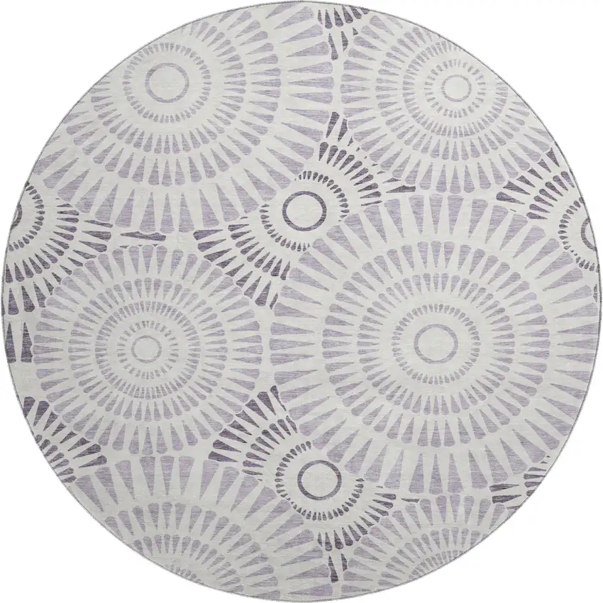 8' Lavender And Ivory Geometric Washable Round Rug With UV Protection Photo 1