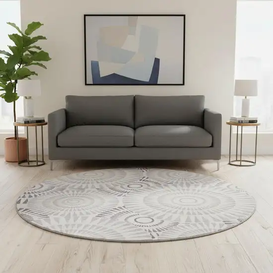 8' Lavender And Ivory Geometric Washable Round Rug With UV Protection Photo 2