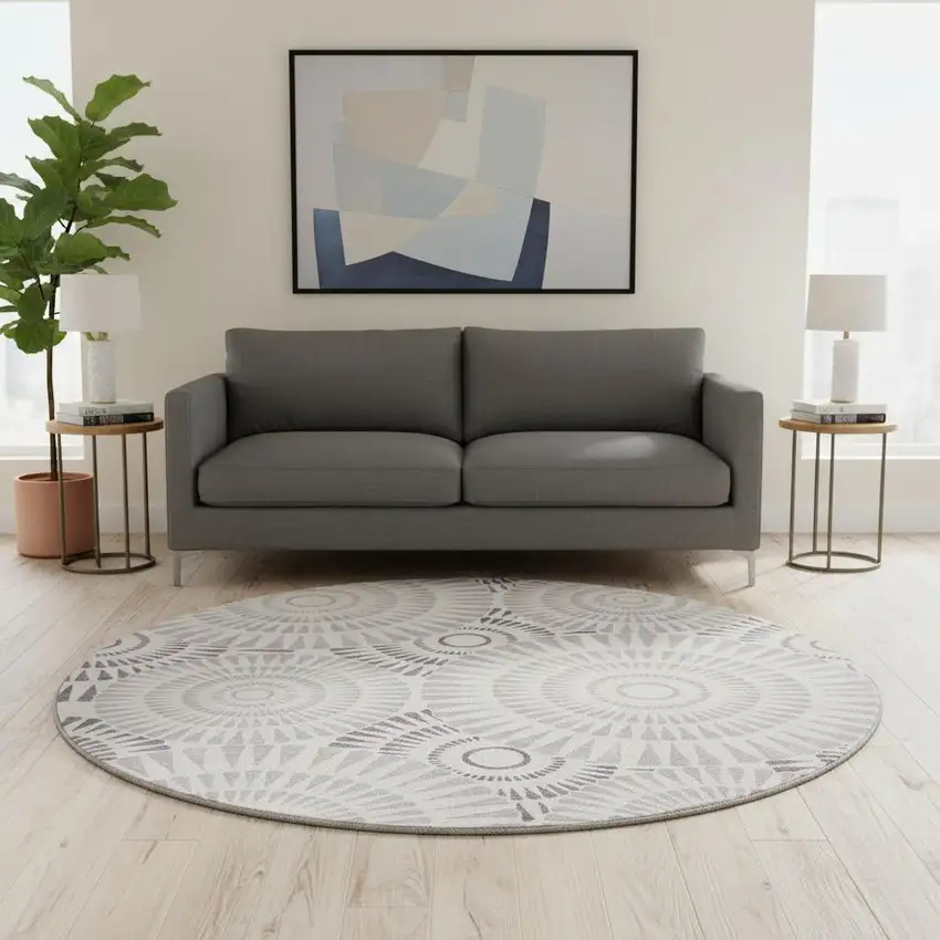 8' Lavender And Ivory Geometric Washable Round Rug With UV Protection Photo 2