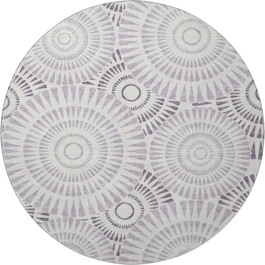 8' Lavender And Ivory Geometric Washable Round Rug With UV Protection Photo 3