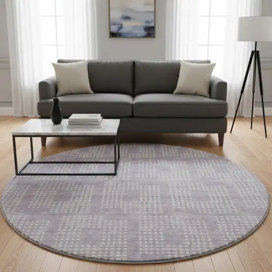8' Lavender And Ivory Geometric Washable Round Rug With UV Protection Photo 2