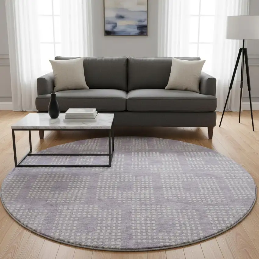 8' Lavender And Ivory Geometric Washable Round Rug With UV Protection Photo 2