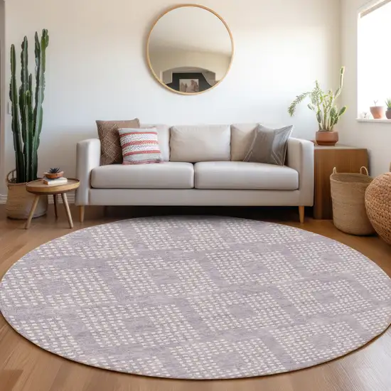 8' Lavender And Ivory Geometric Washable Round Rug With UV Protection Photo 5