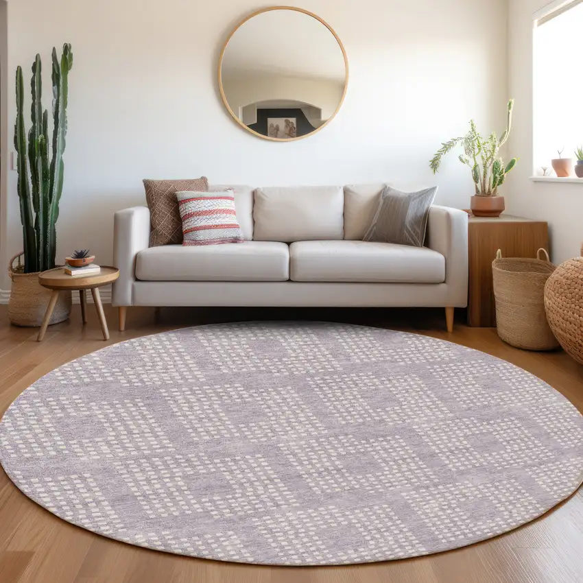 8' Lavender And Ivory Geometric Washable Round Rug With UV Protection Photo 5