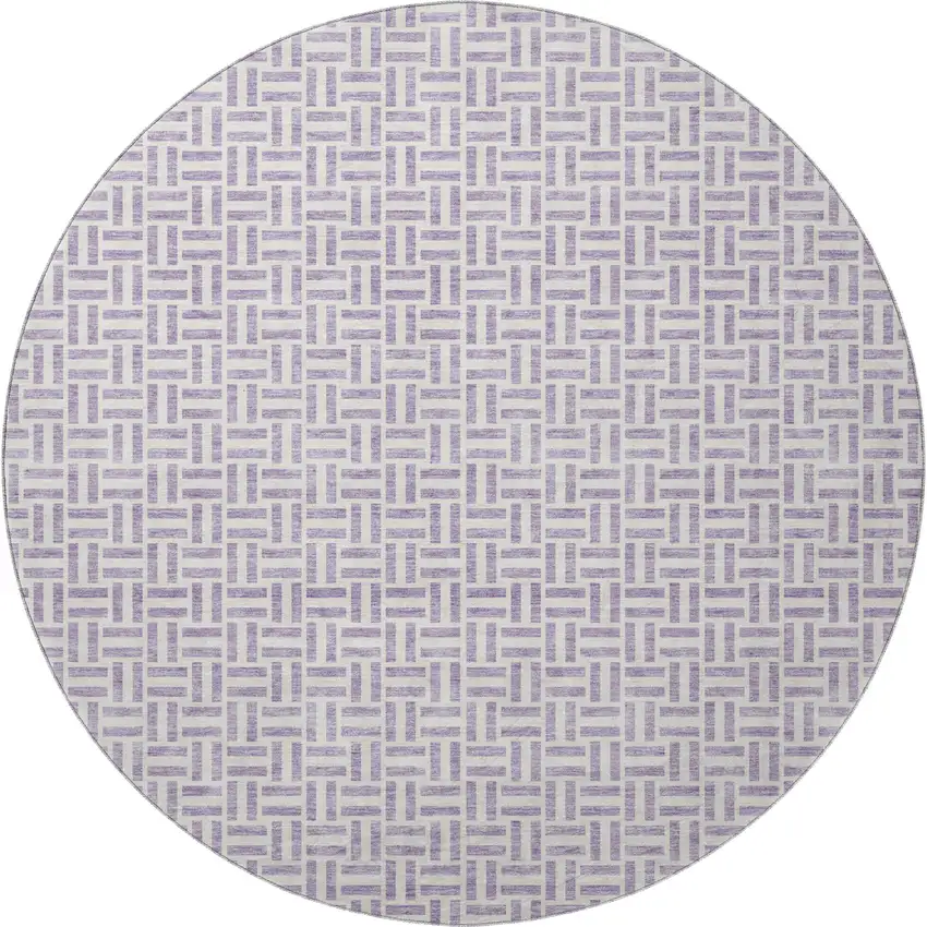8' Lavender And Ivory Geometric Washable Round Rug With UV Protection Photo 4