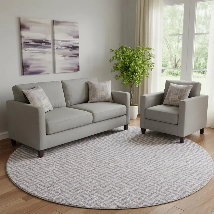 8' Lavender And Ivory Geometric Washable Round Rug With UV Protection Photo 1