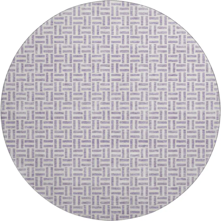 8' Lavender And Ivory Geometric Washable Round Rug With UV Protection Photo 1