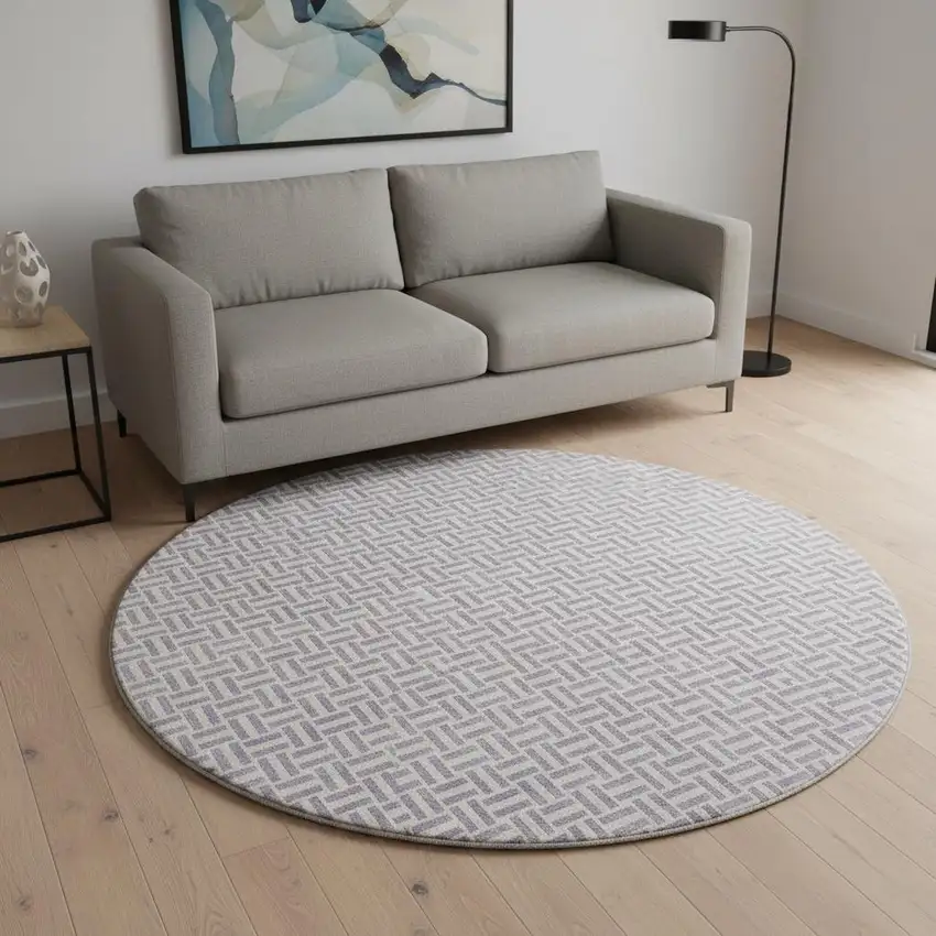 8' Lavender And Ivory Geometric Washable Round Rug With UV Protection Photo 2