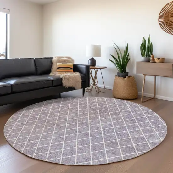 8' Lavender And Ivory Geometric Washable Round Rug With UV Protection Photo 4