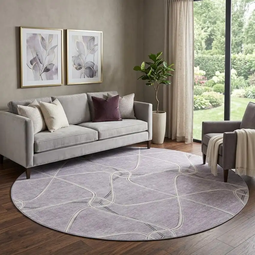 8' Lavender And Ivory Geometric Washable Round Rug With UV Protection Photo 1