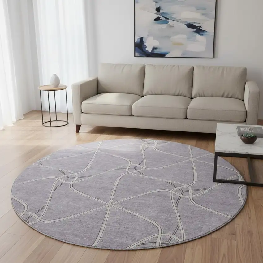 8' Lavender And Ivory Geometric Washable Round Rug With UV Protection Photo 2