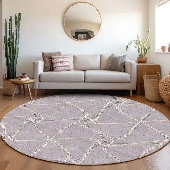 8' Lavender And Ivory Geometric Washable Round Rug With UV Protection Photo 4