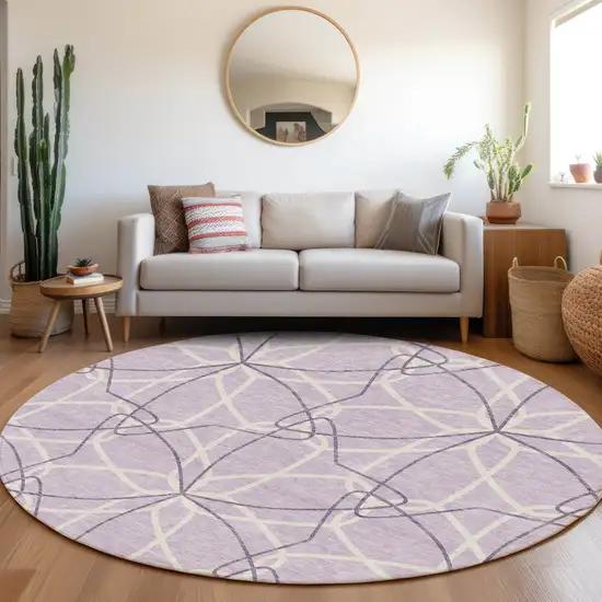 8' Lavender And Ivory Geometric Washable Round Rug With UV Protection Photo 4
