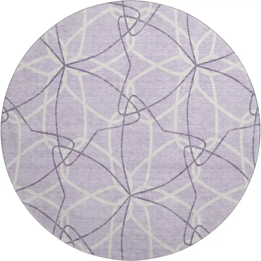 8' Lavender And Ivory Geometric Washable Round Rug With UV Protection Photo 1