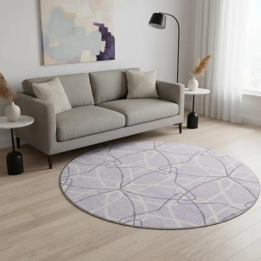 8' Lavender And Ivory Geometric Washable Round Rug With UV Protection Photo 2