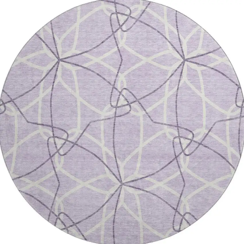 8' Lavender And Ivory Geometric Washable Round Rug With UV Protection Photo 3
