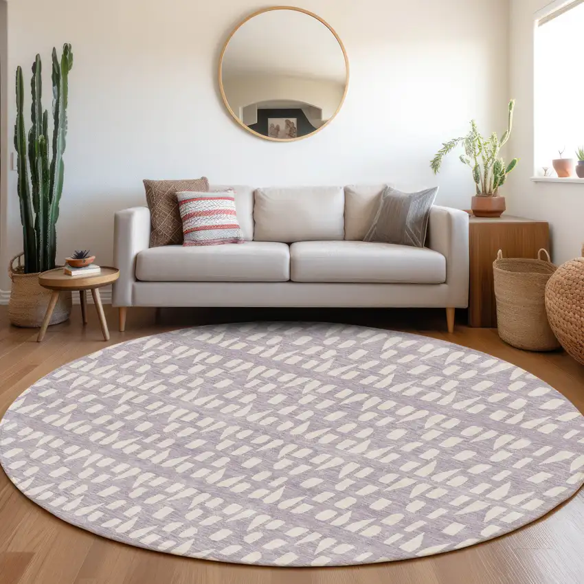 8' Lavender And Ivory Geometric Washable Round Rug With UV Protection Photo 4