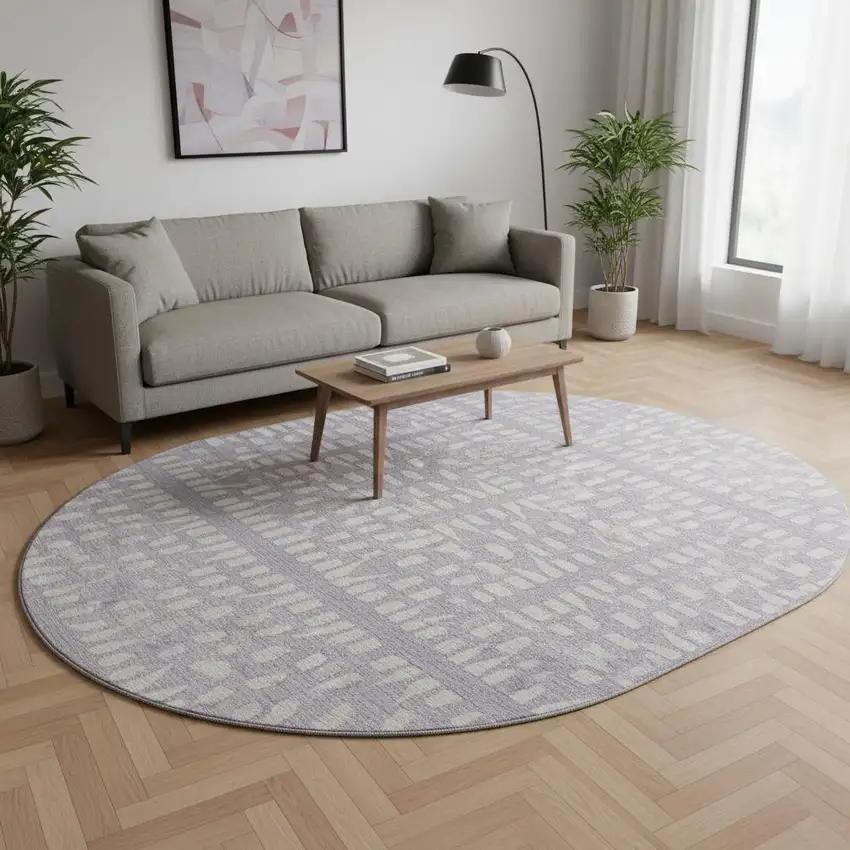8' Lavender And Ivory Geometric Washable Round Rug With UV Protection Photo 2