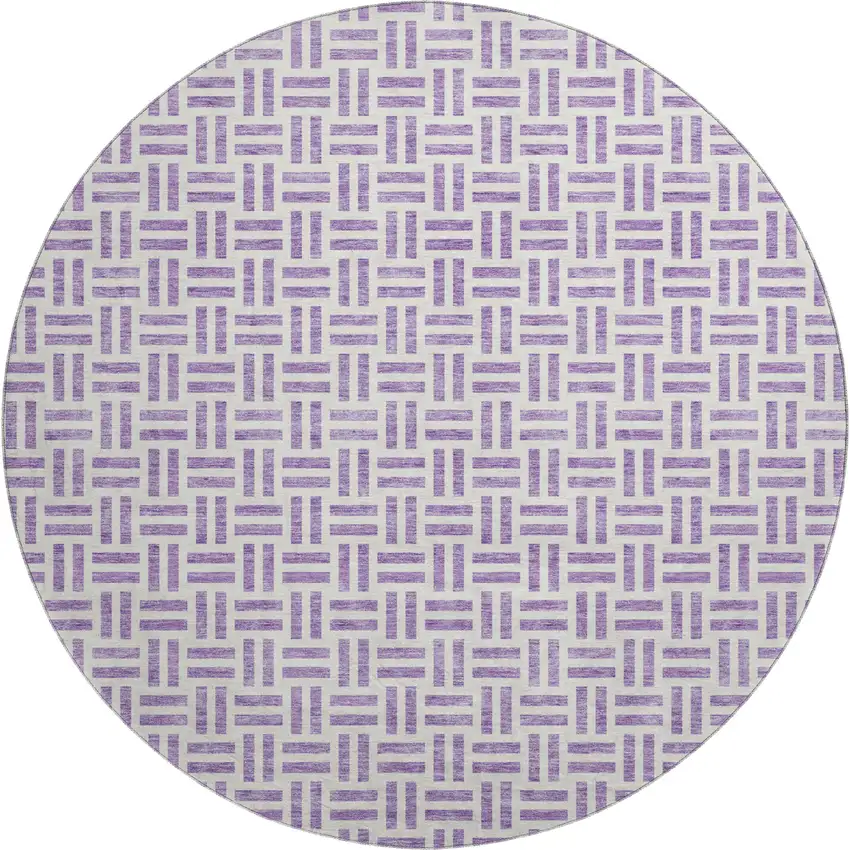 8' Lavender And Ivory Geometric Washable Round Rug With UV Protection Photo 1
