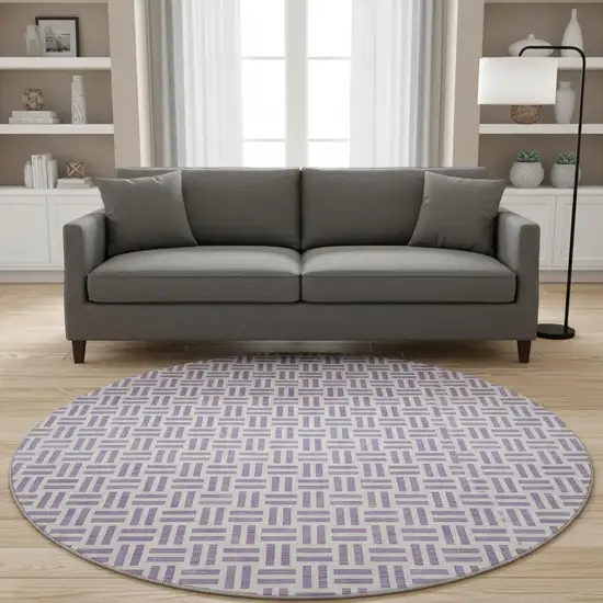 8' Lavender And Ivory Geometric Washable Round Rug With UV Protection Photo 2