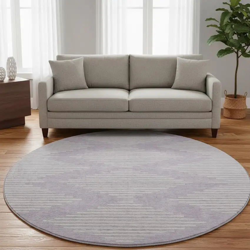 8' Lavender And Ivory Geometric Washable Round Rug With UV Protection Photo 2