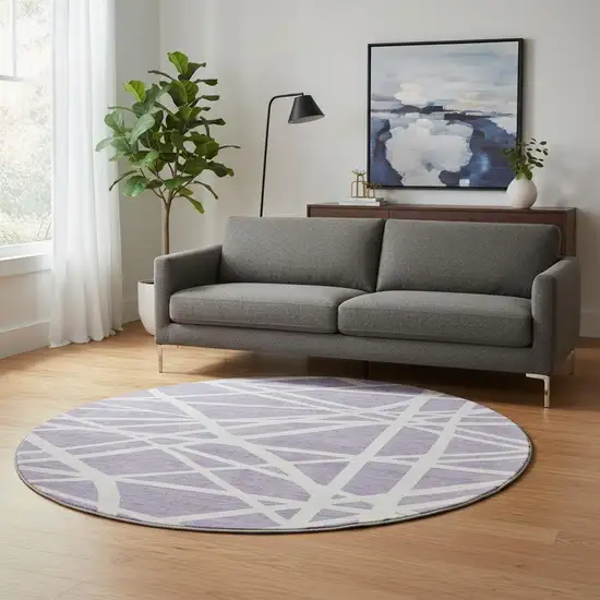 8' Lavender And Ivory Geometric Washable Round Rug With UV Protection Photo 2