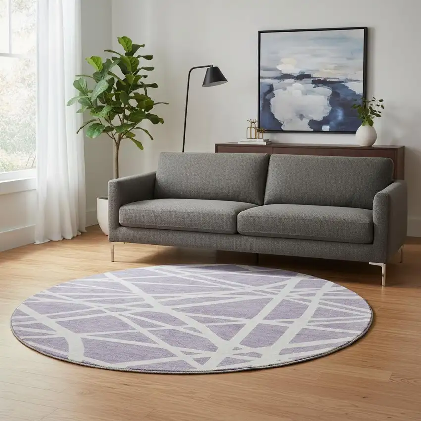 8' Lavender And Ivory Geometric Washable Round Rug With UV Protection Photo 2