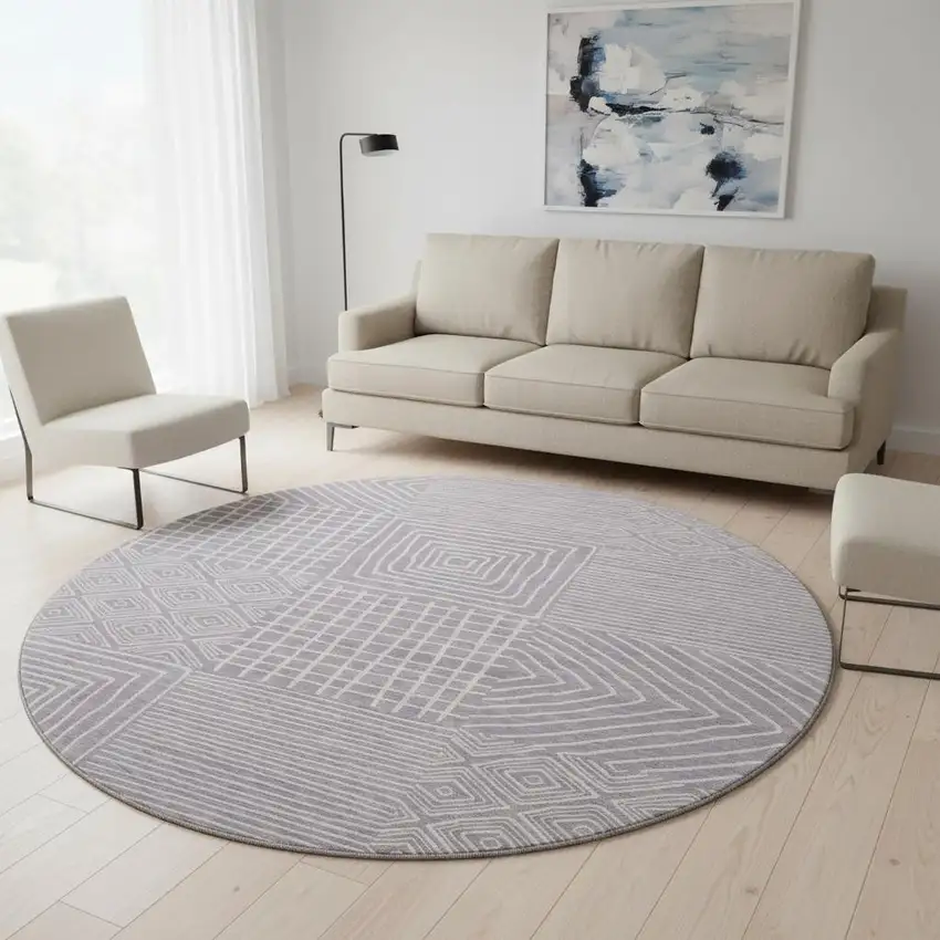 8' Lavender And Ivory Geometric Washable Round Rug With UV Protection Photo 2