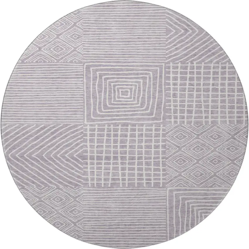 8' Lavender And Ivory Geometric Washable Round Rug With UV Protection Photo 3