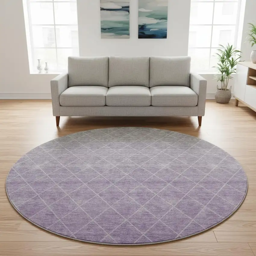 8' Lavender And Ivory Geometric Washable Round Rug With UV Protection Photo 2