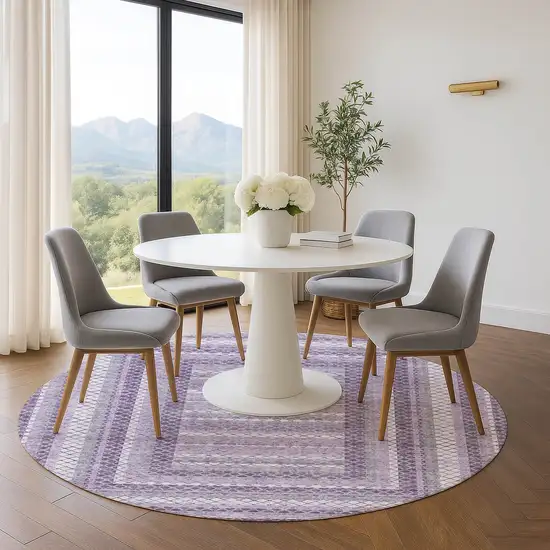 8' Lavender And Ivory Geometric Washable Round Rug With UV Protection Photo 5