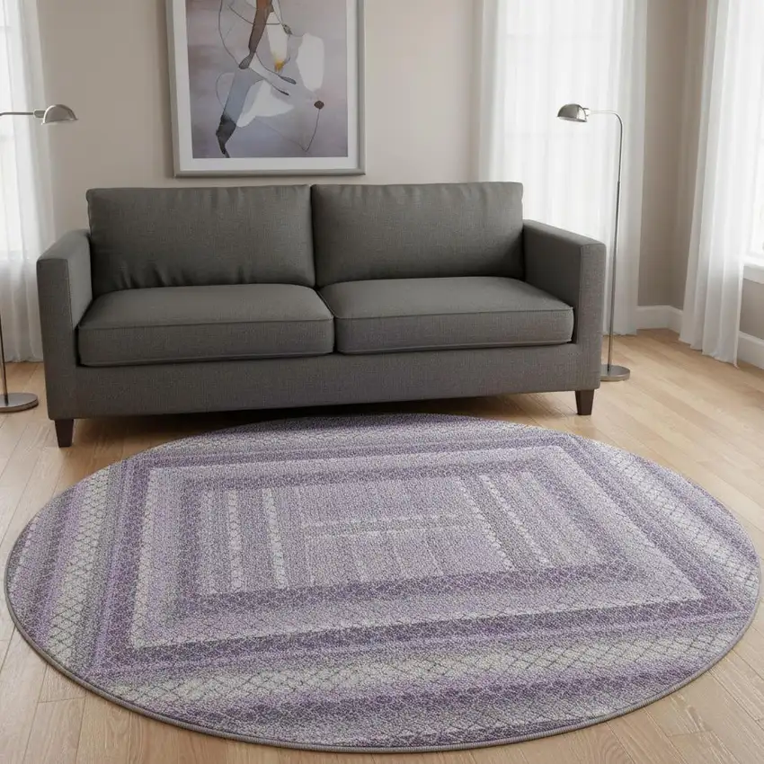 8' Lavender And Ivory Geometric Washable Round Rug With UV Protection Photo 2