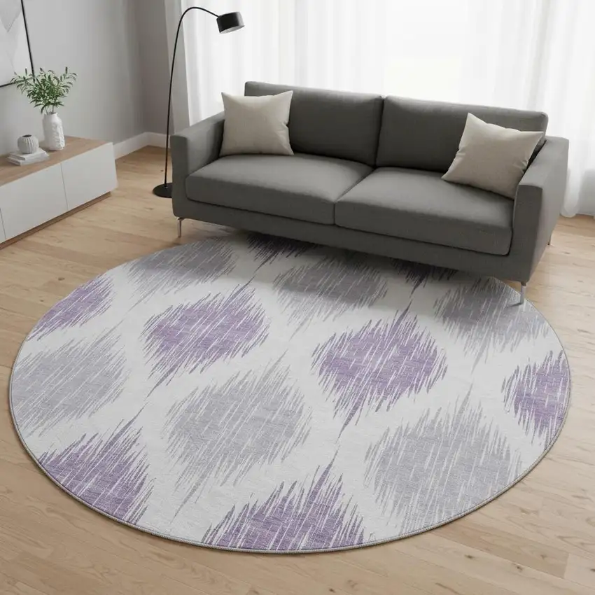 8' Lavender And Ivory Ikat Washable Round Rug With UV Protection Photo 2